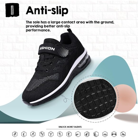 Kids 3208-black White Running Breathable Lightweight NonSlip Comfortable Sneaker - Picture 5 of 7